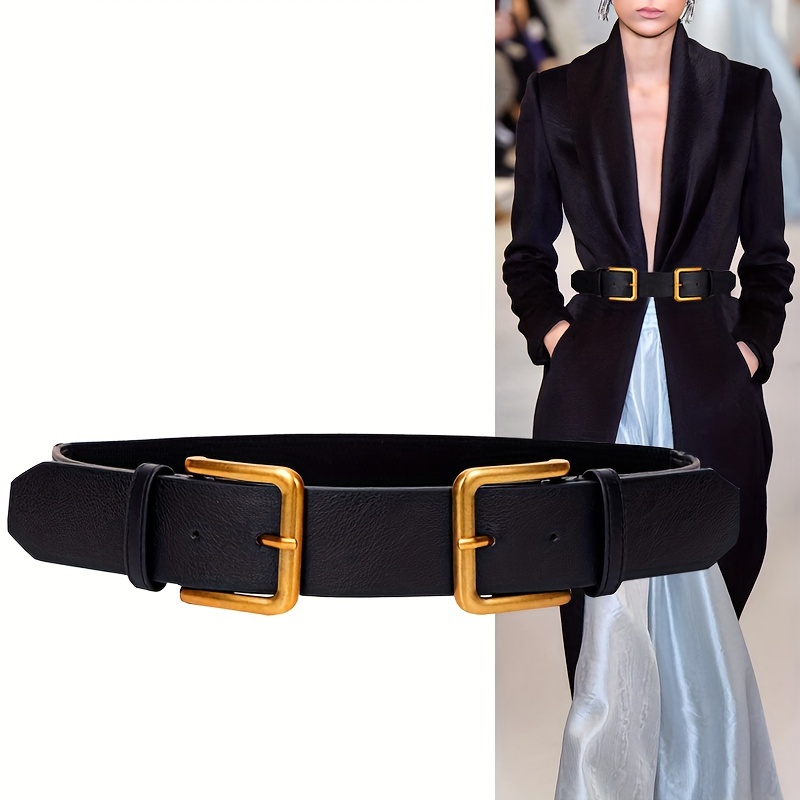 

Vintage Double Pin Buckle Belts Black Casual Elastic Pu Waistband Trendy Dress Coat Girdle For Women Daily Use
