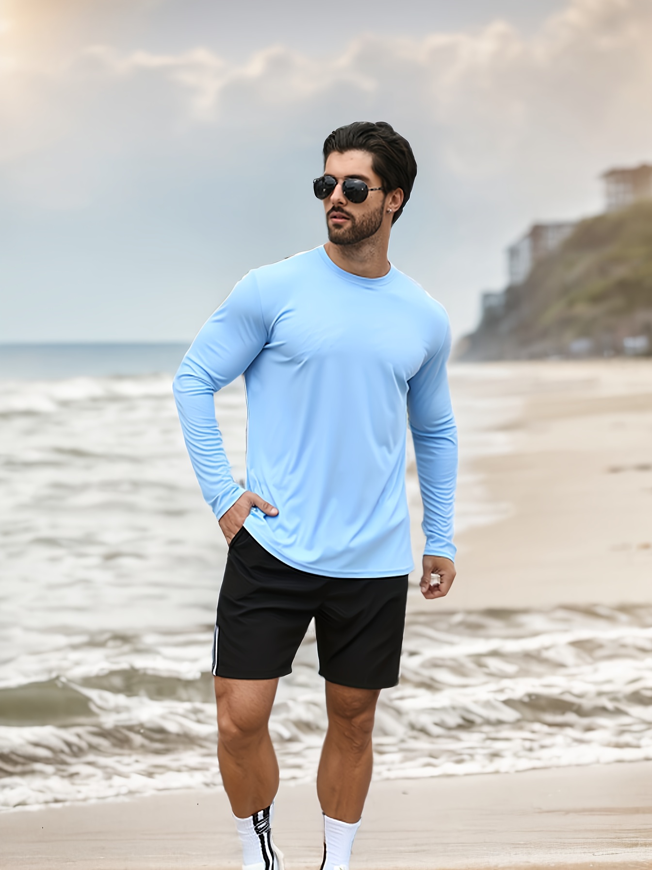 UPF 50+ Sunscreen Solid Men's Lightweight Quick Dry Long Sleeve Round Neck  T-shirt, Outdoor Fishing Cycling