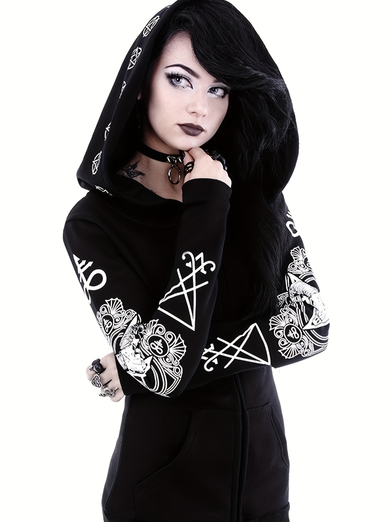 Gothic Hoodie Sun Moon Print Sweatshirt, Black Punk Goth Clothes Long  Sleeve Hooded Cardigan Zipper, Women's Clothing