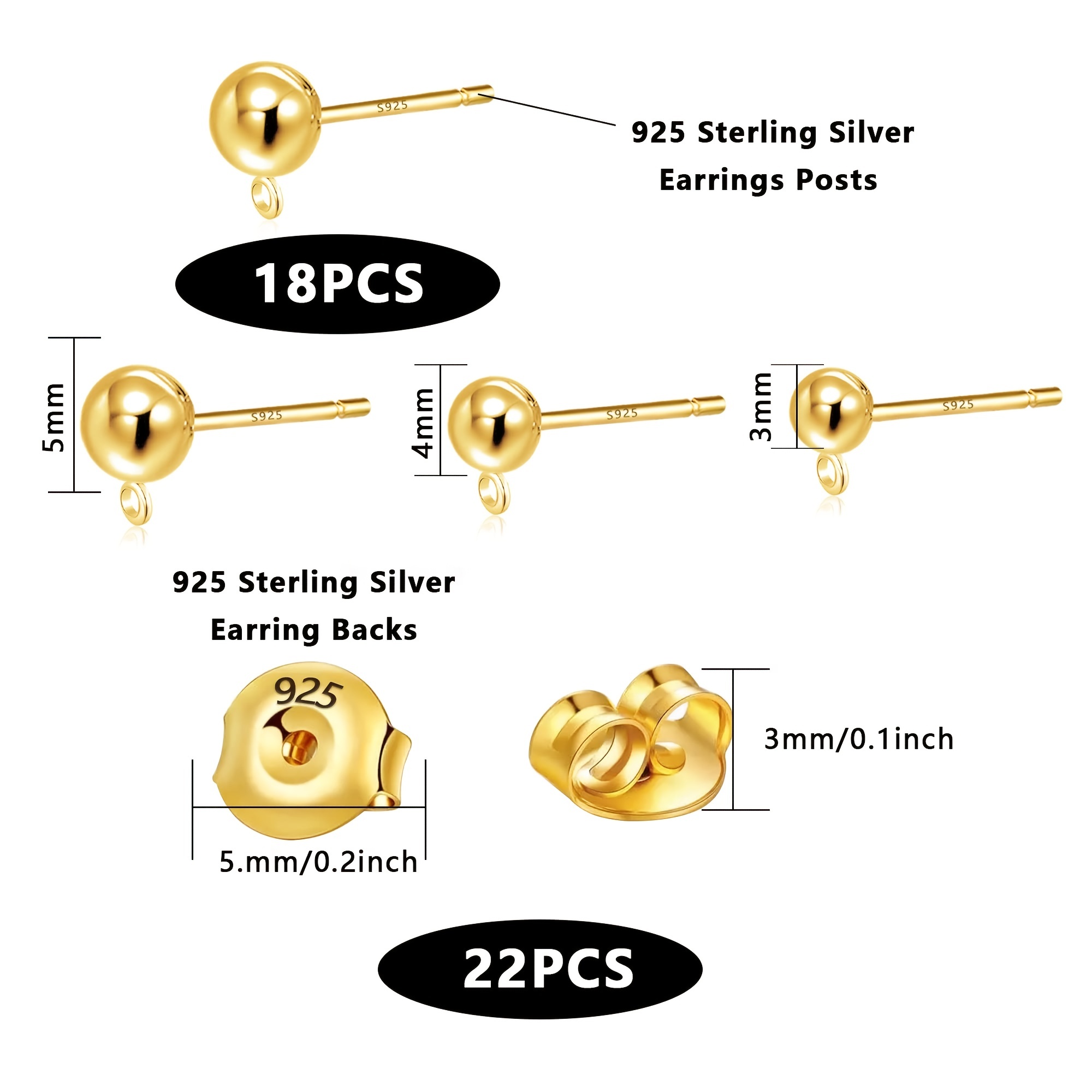 2 Pairs Screw Earring Backs Replacement, 925 Sterling Silver Screw on Earring Backs for Studs, Hypoallergenic Gold Plated Secure Screw Backs Fit for
