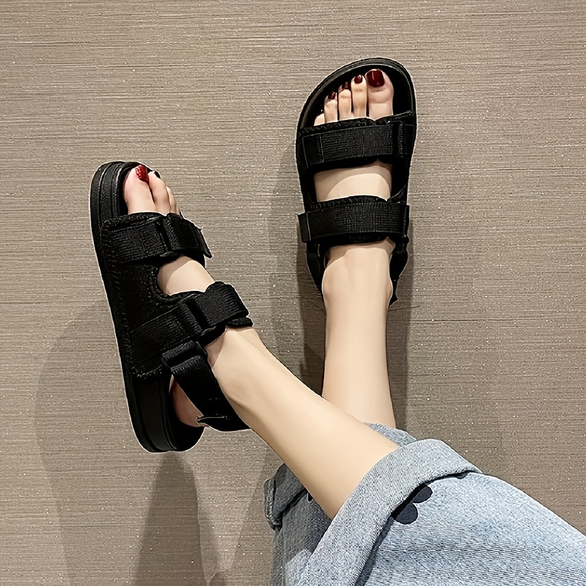Women's Solid Color Flat Sandals, Casual Open Toe Summer Shoes, Comfortable  Ankle Strap Sandals