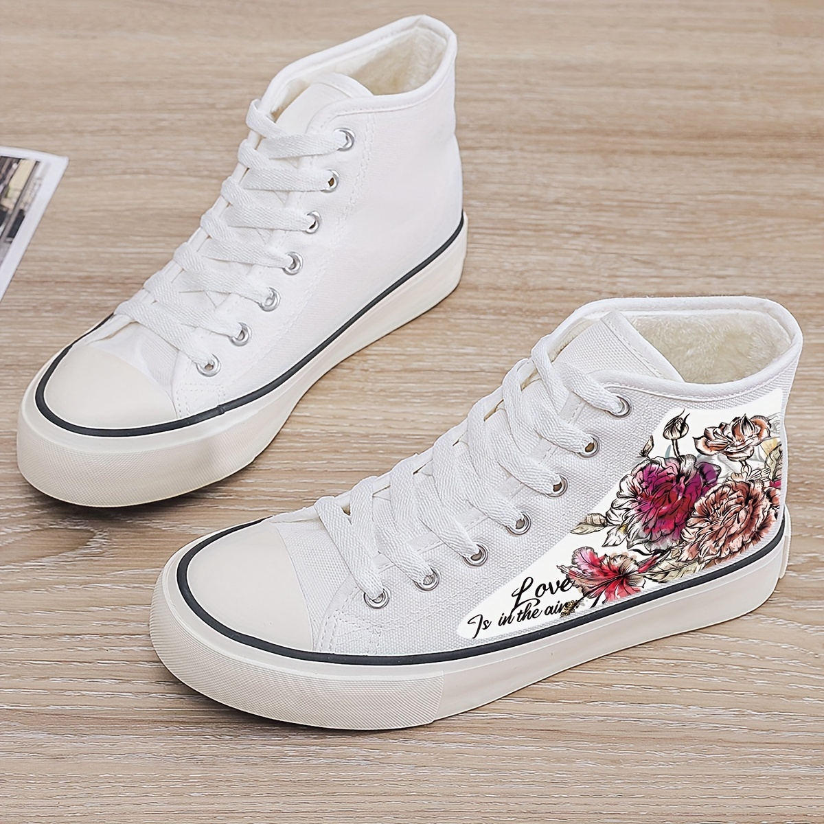 Floral Print Plush Lined Thermal Chunky Canvas Sneakers