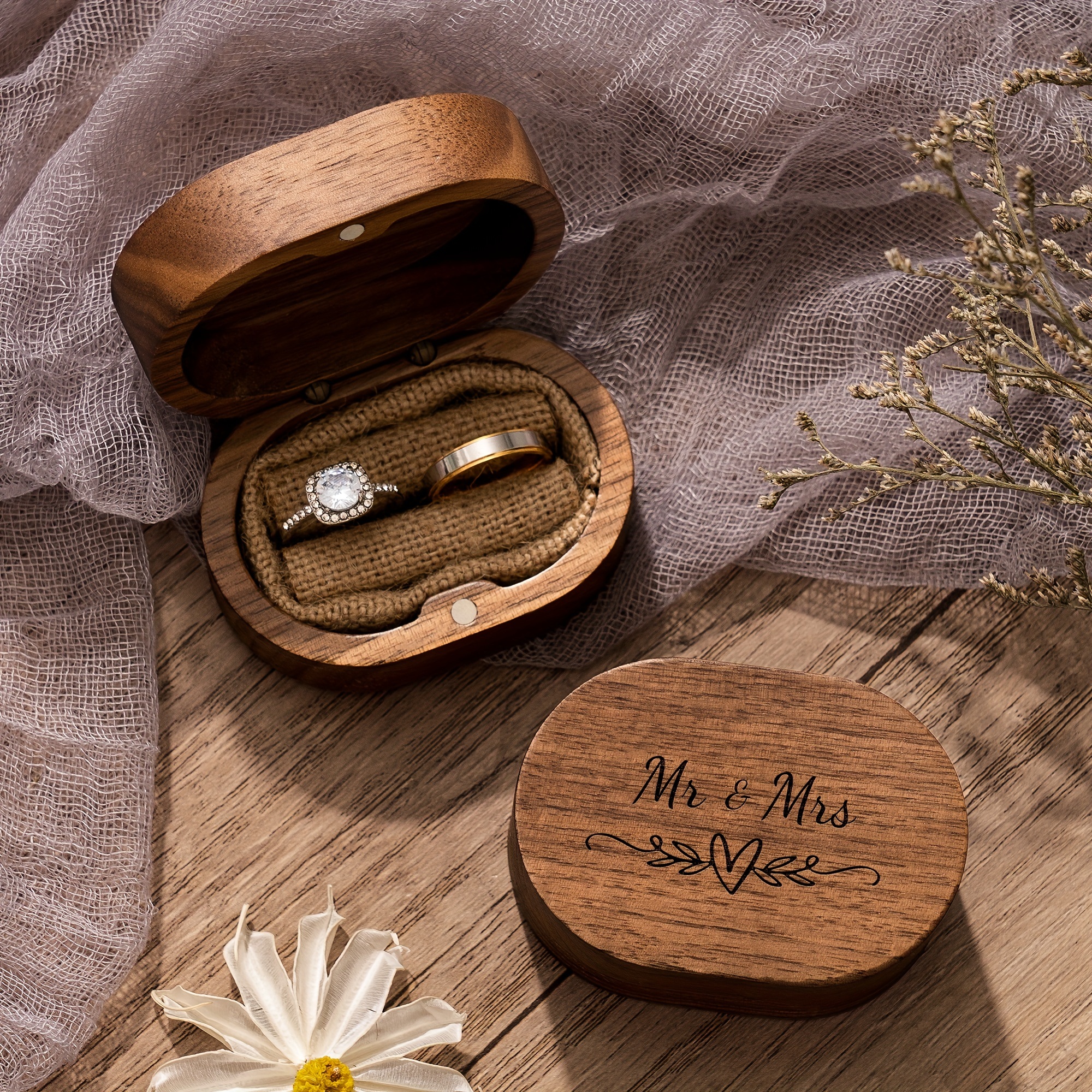 

Mr & Mrs Ring Box, Engraved Square Double Wooden Elegant Upscale Wedding Engagement Proposal Ring Jewelry Gift Box