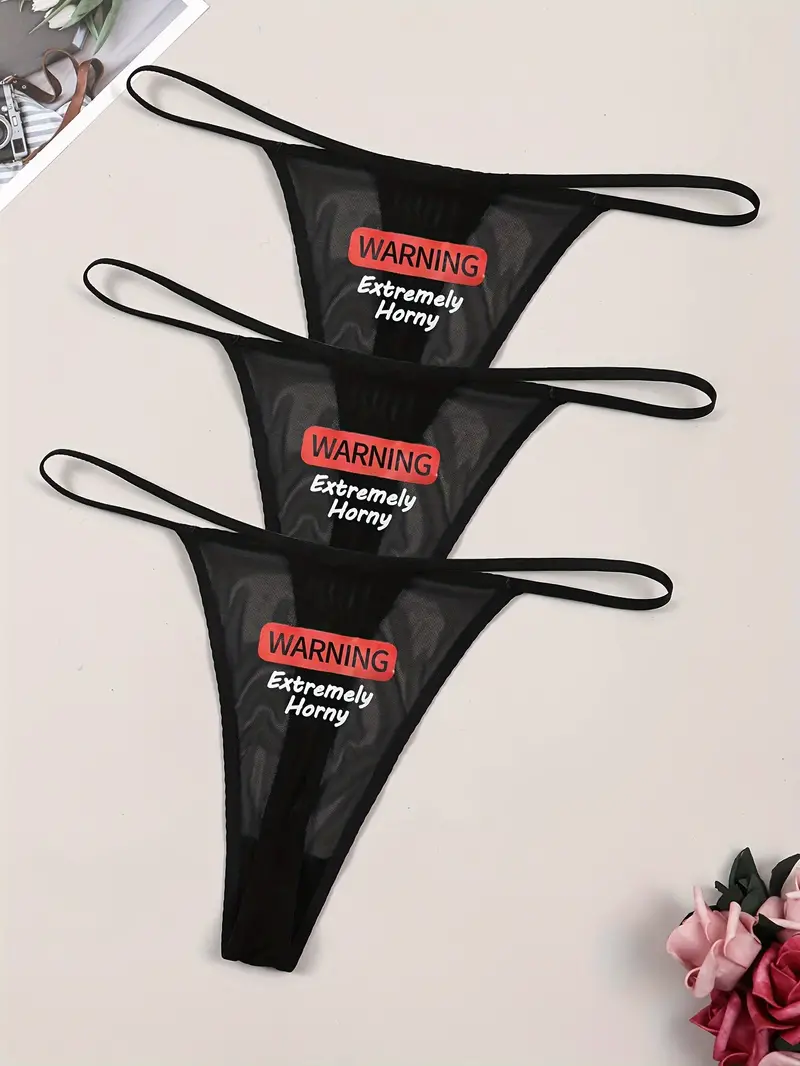 3 Pack Plus Size Sexy G-strings Set, Women's Plus Letter Graphic Seamless  Sheer Mesh Thongs 3pcs Set