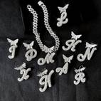 1pc 14mm cursive initial butterfly pendant cuban link chain for men prong hip hop iced out rhinestone chain link initial letter name necklaces jewelry gift for women