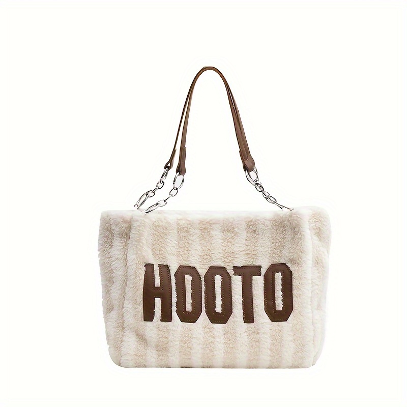 Checkered Pattern Letter Patch Decor Fuzzy Shoulder Tote Bag