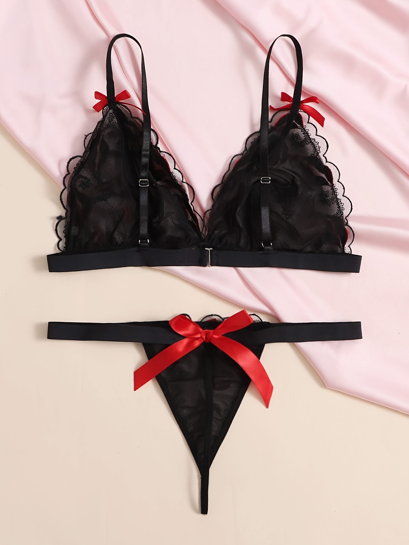 rygai 2 Pcs/Set See-through Underwear Set Underwire Bowknot Lace Design  Sexy Bra Panty for Valentine Day ,Black,38D