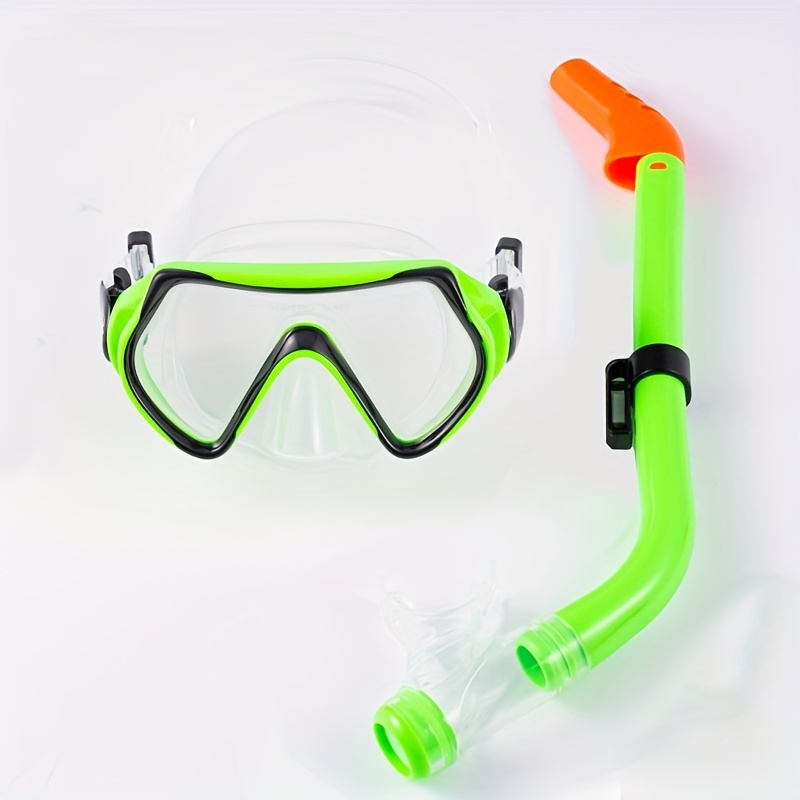 Green Snorkel And Mask Set Wide View Anti-Fog Tempered Glass