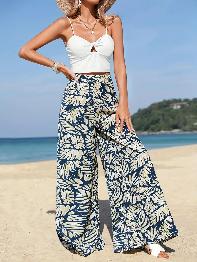 Allover Leaf Print Loose Fit Cover Pants High Waist Casual - Temu Canada