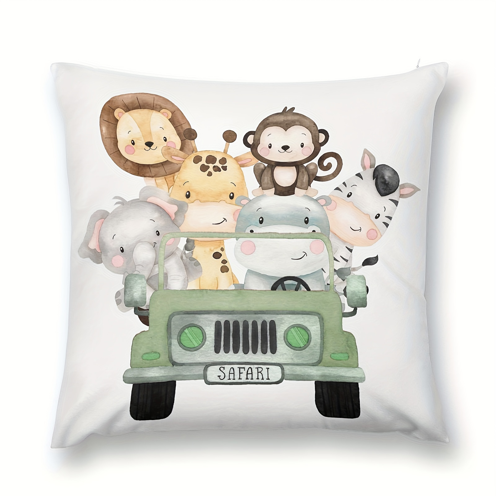 

1pc Animal Truck Decorative Pillowcase Throw Pillow Cover, Jungle Cushion Case Bedroom Playroom Decor, Elephant Zebra Giraffe Lion Neutral Gift 18x18 Inch
