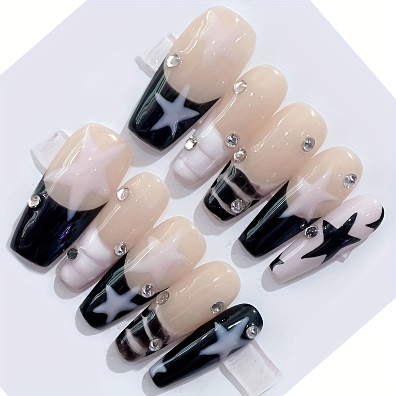 White French Tip Press Nail Long Coffin Rhinestone - Temu