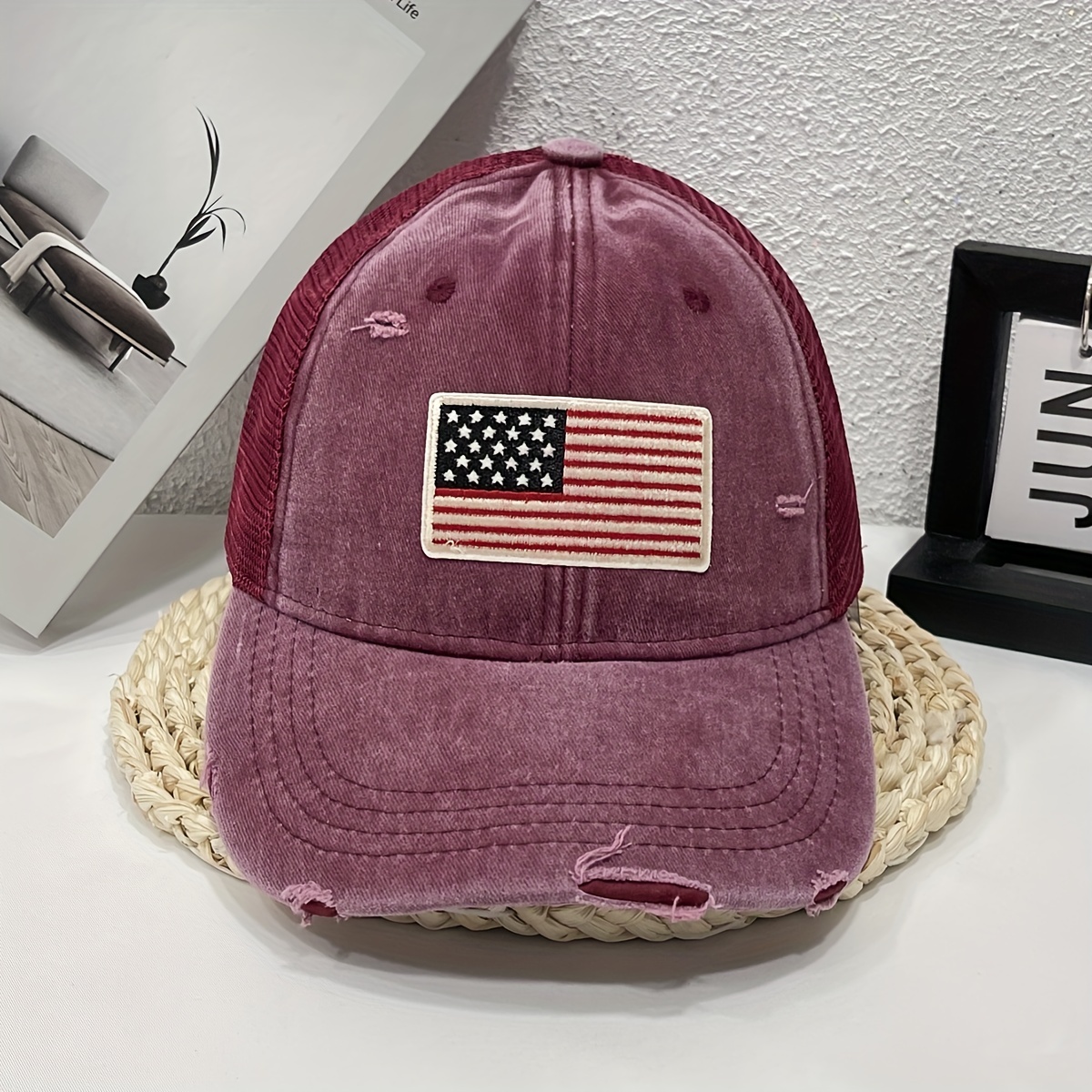 High Quality Embroidered Label American Flag Pattern Washed Denim Ripped Mesh  Hat Unisex Baseball - Jewelry & Accessories - Temu