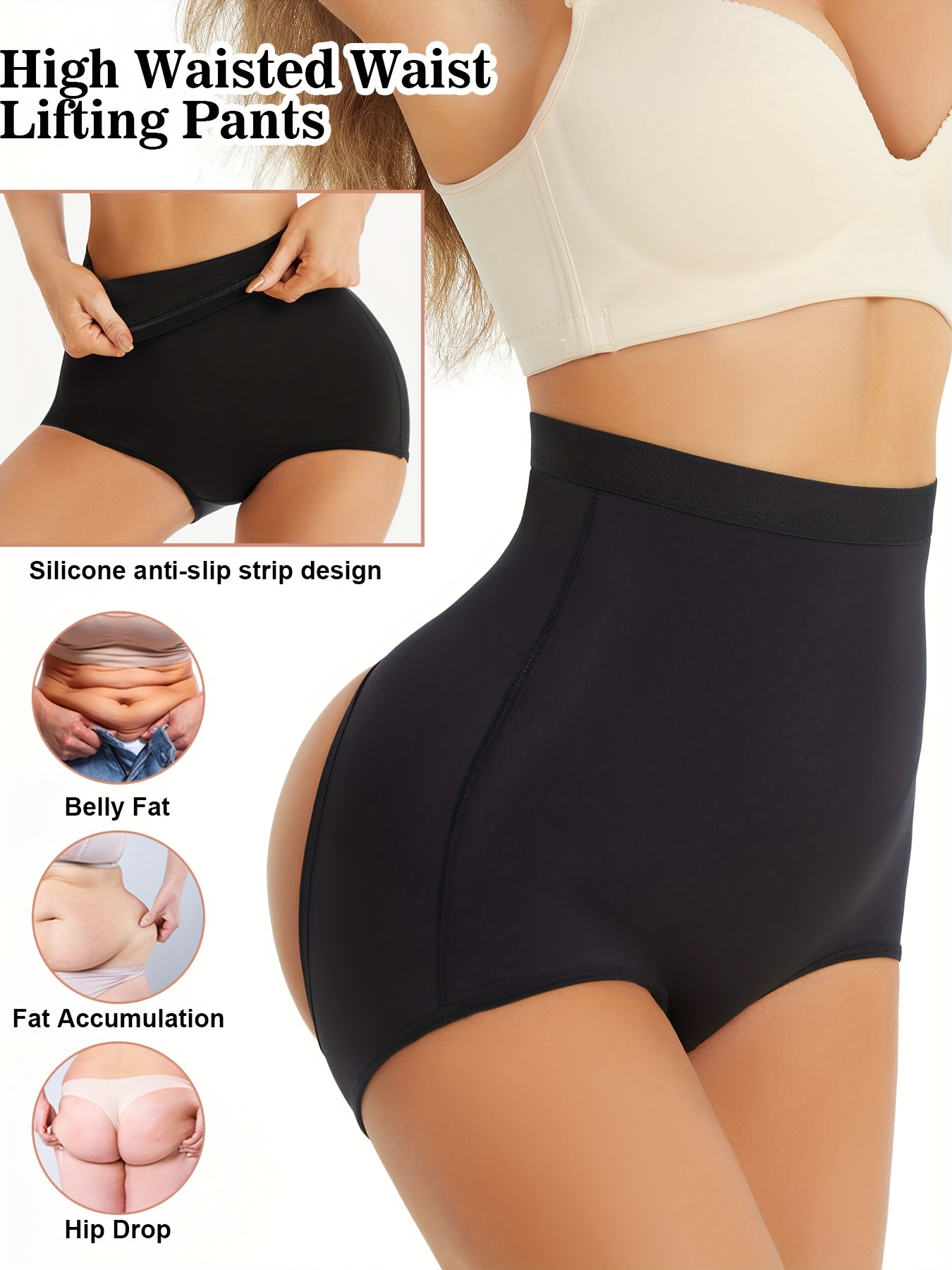 Heavy-Shapewear-Women's High Waist Anti Rolling Strip Tummy Control Slimming  Panties Women Shapewear Underwear Shapewear Black