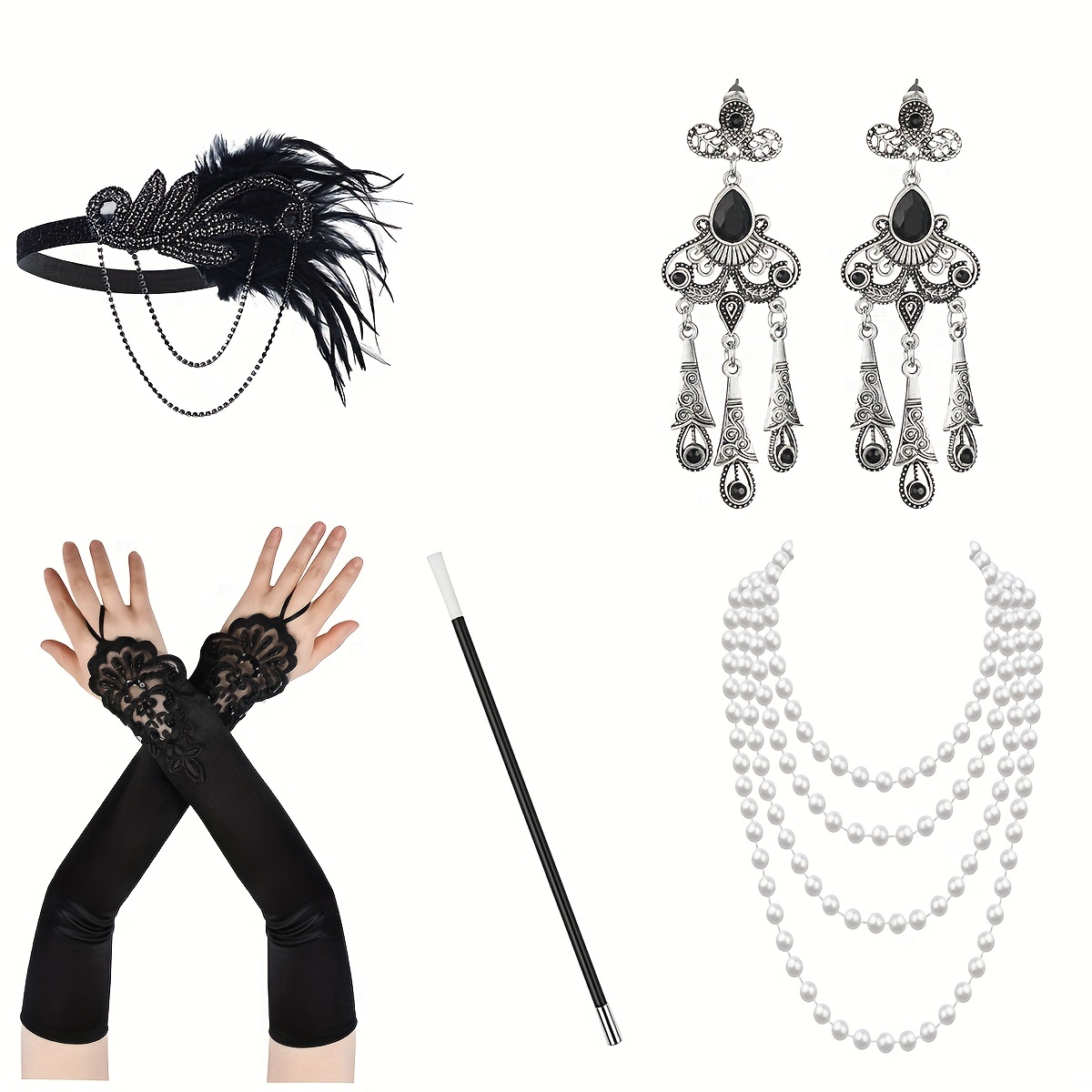 1920s Flapper Gatsby Costume Accessories Set 20s Flapper Headband Pearl  Necklace Gloves Cigarette Holder Baroque Earrings Banquet Costume