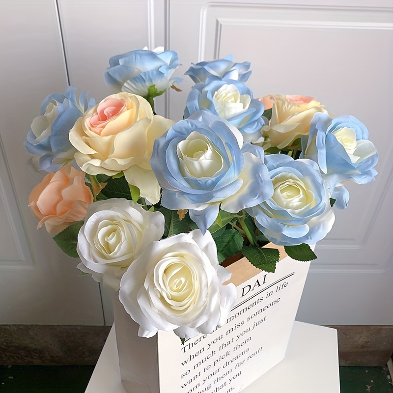 10 PCS Rose Artificial Flowers, Blue Silk Roses with Stems Realistic Fake  Rose Flower Bouquets for Wedding Arrangement Centerpieces Party Home Table  Decorations 