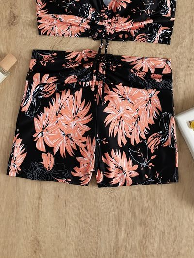 Floral Print Drawstring Bra Centre Bikini Sets, High Waist Boxer Short Bottom Two Piece Swimsuit, Women's Swimwear & Clothing