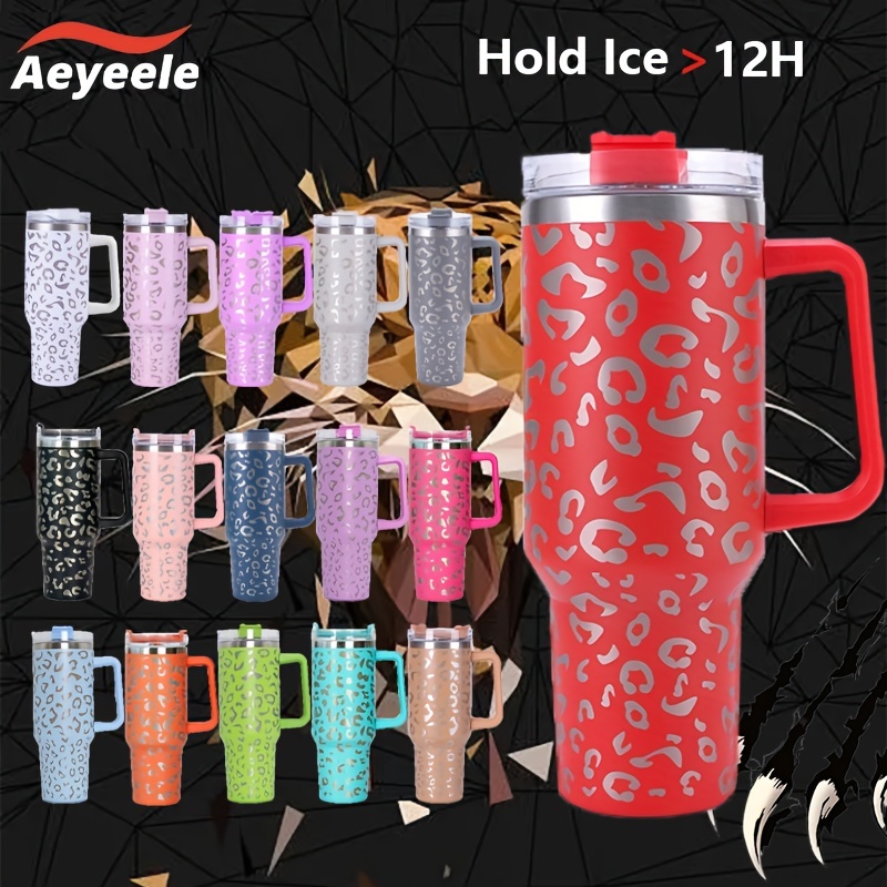 40oz Handle Tumbler Large Capacity Straw Cups Laser Leopard