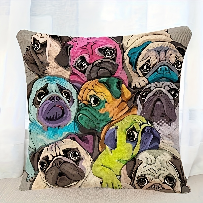 

1pc Pugs Throw Pillow Cover Animal Dog Face Friend Pet Puppy Pillow Case Square Cushion Cover For Sofa Couch Bed Car Short Plush Decor 18x18 Inch
