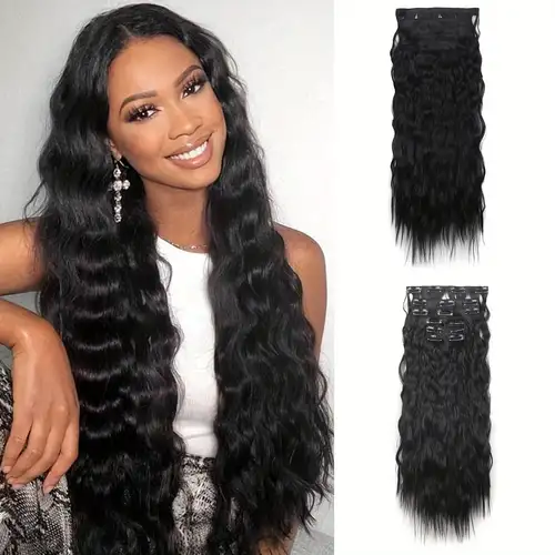 Clip In Long Wave Synthetic Hair Extensions Thick Hairpieces - Temu