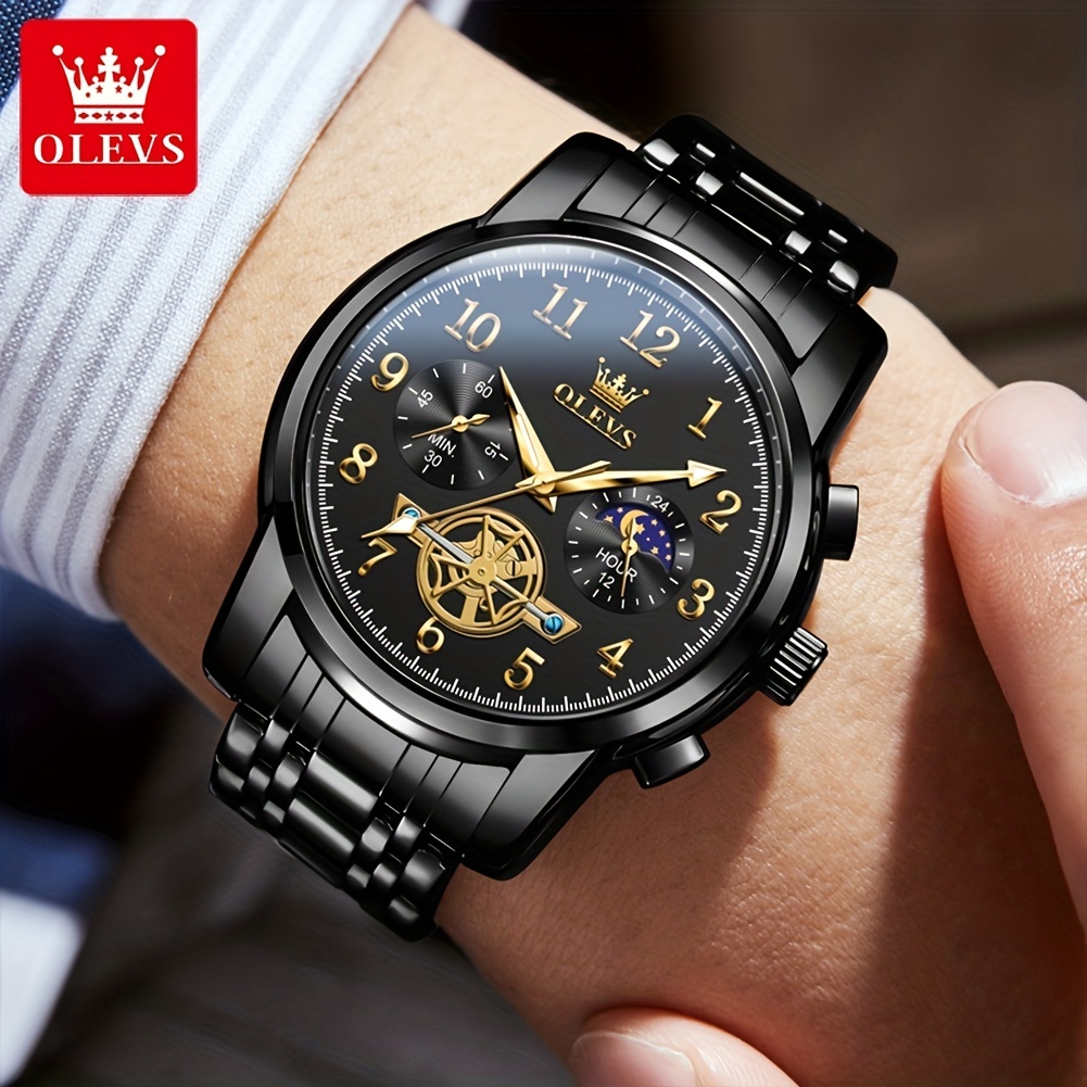 OLEVS Men's Watches Top Brand Luxury Original Waterproof Quartz Watch for  Man Gold Skeleton Style 24 Hour Day Night New 