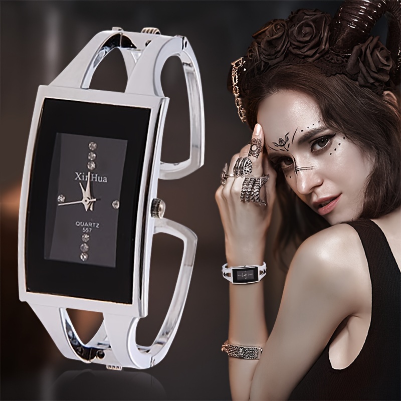 

Montre pour femme avec bracelet en quartz de luxe incrusté de strass, style bracelet manchette, design rectangulaire, affichage analogique