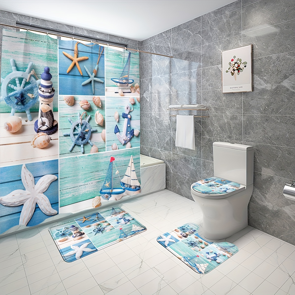 Ocean Holiday Theme Bathroom Set,4pcs Shower Curtain Mat Set,Waterproof  Shower Curtain Printed Non-slip Floor Mat Toilet Cover U Shape Pad,for Home  Hotel Decor 