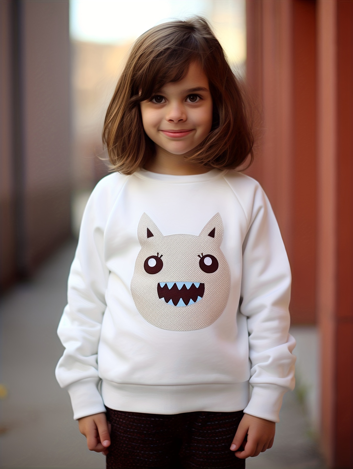 Girls Cartoon ''funny Blue Monster'' Print Round Neck Sweatshirt