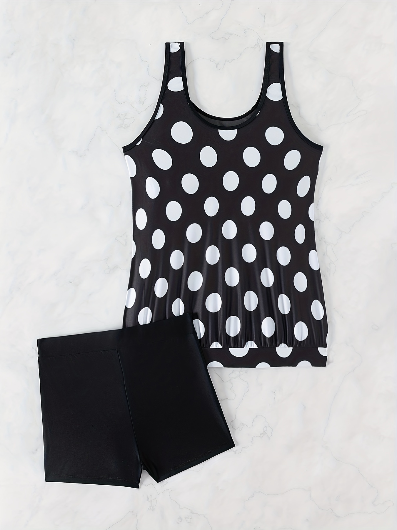 Black Dotted Print 2 Piece Short Tankini Swimwear –