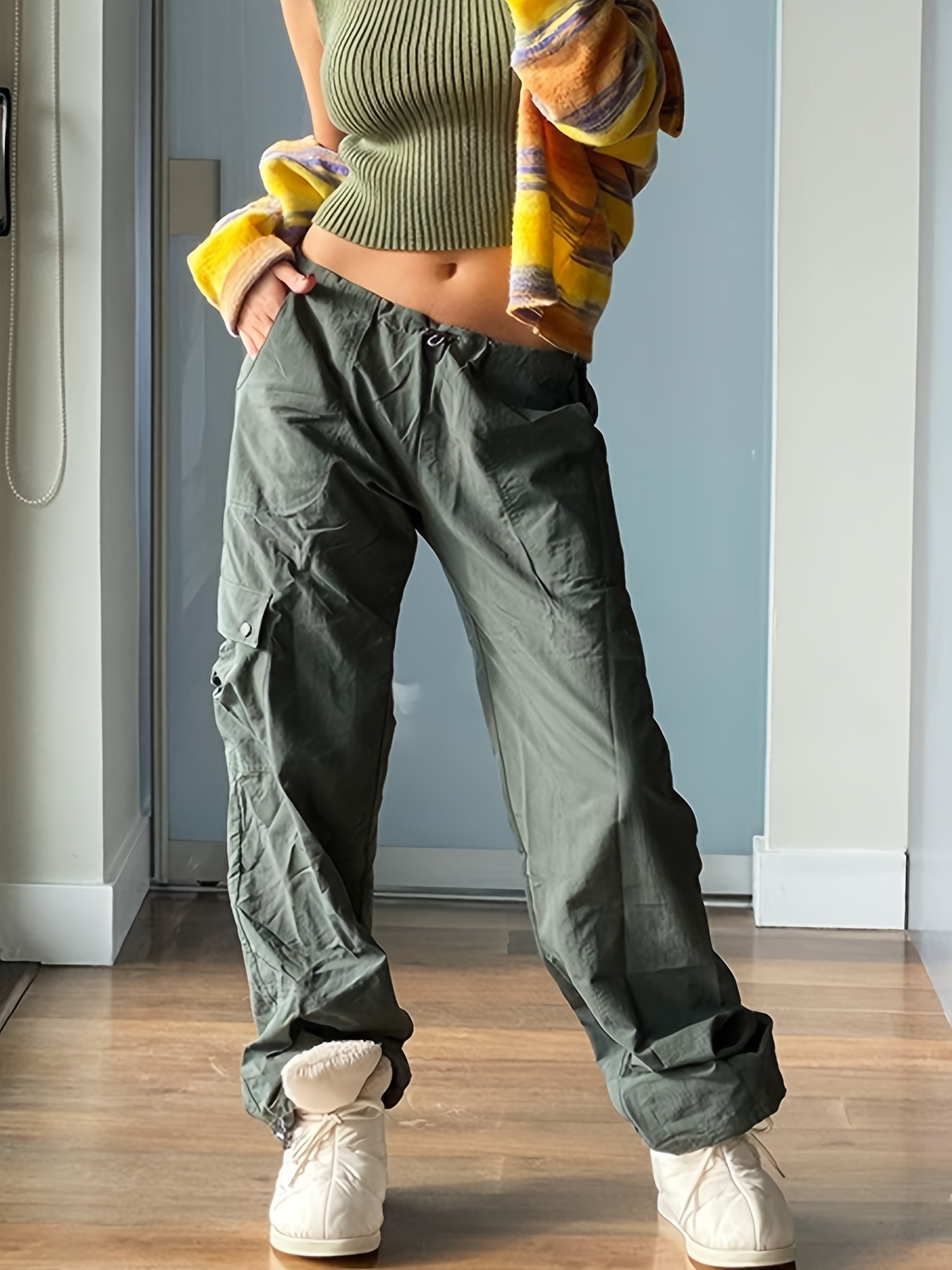 Pantalones cargo para mujer, de cintura alta, casuales, holgados,  elásticos, de pierna ancha, Y2K, ropa de calle con 6 bolsillos