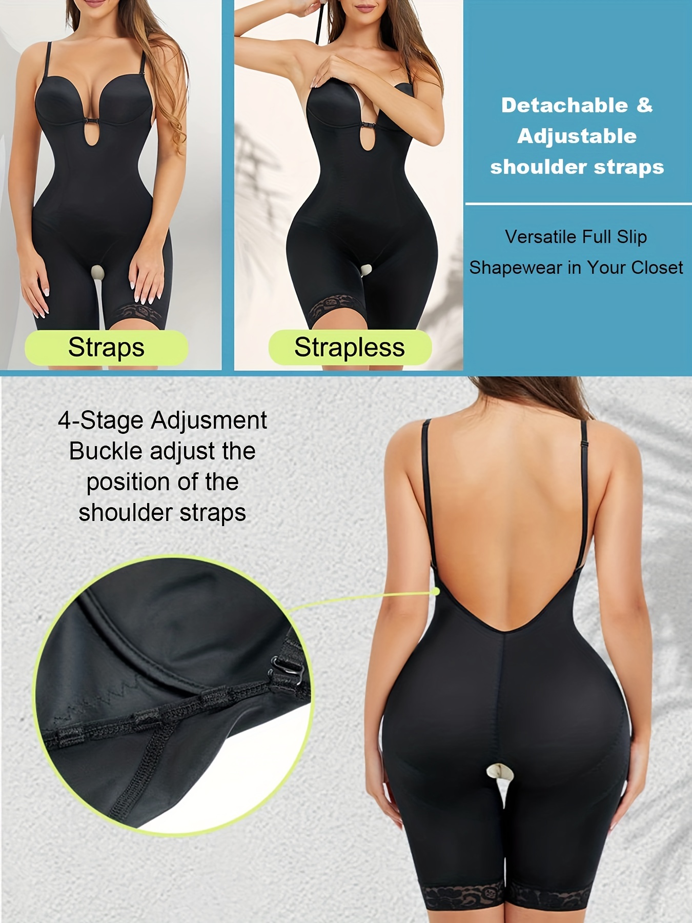 Women Tummy Control Full Body Shapewear Detachable Shoulder Straps