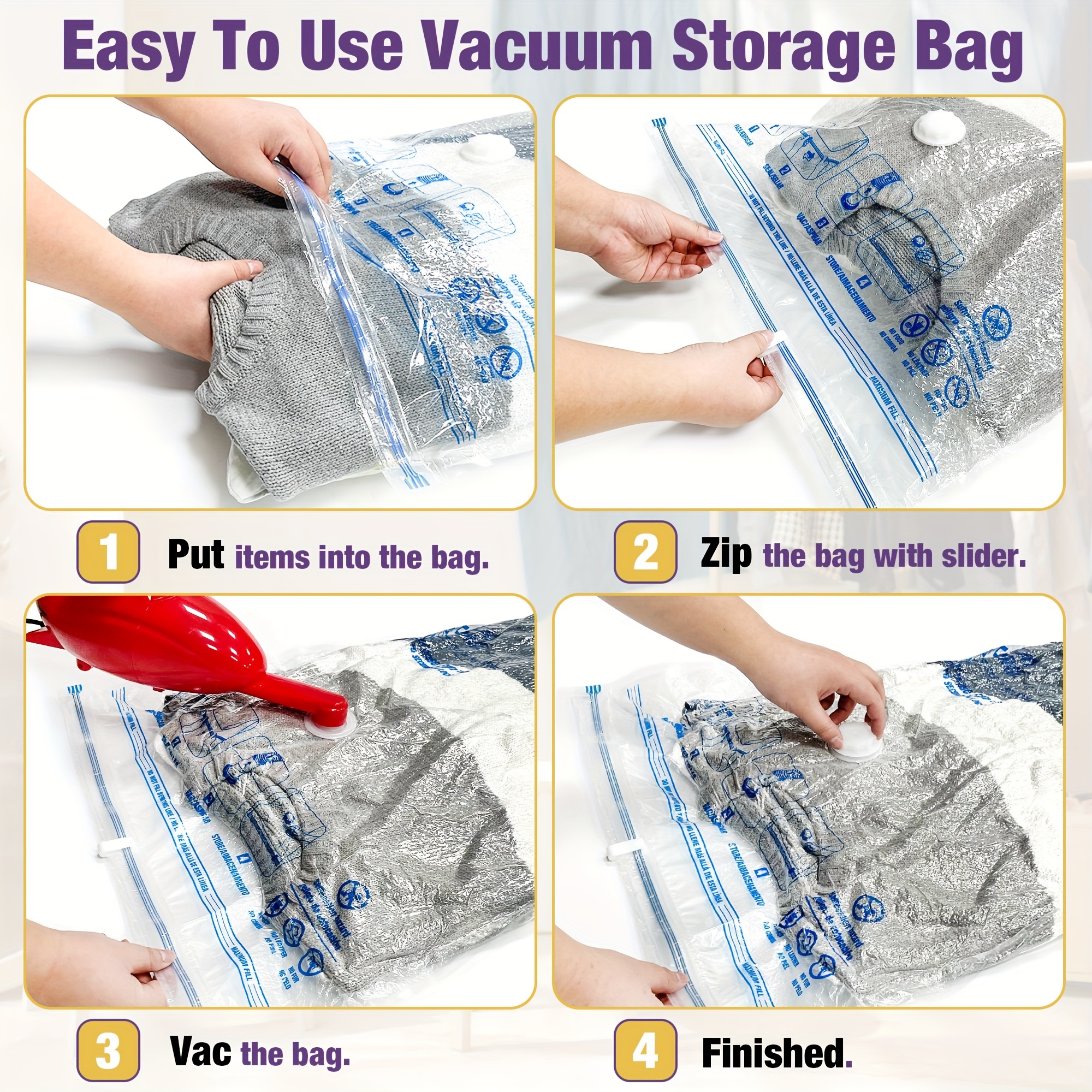 x Xhtang 8pcs Vacuum Storage Bags with Hand Pump, Space Saver Bags Seal Sealer Clothing Storage Bag Vacuum Sealed Compression Bags, 8 Packs(4 Jumbo, 4 Large)