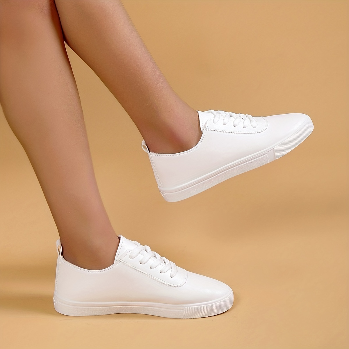 Calzado deportivo casual blanco para mujer, versátil calzado plano de cuero  sintético, Zapatos casuales para caminar