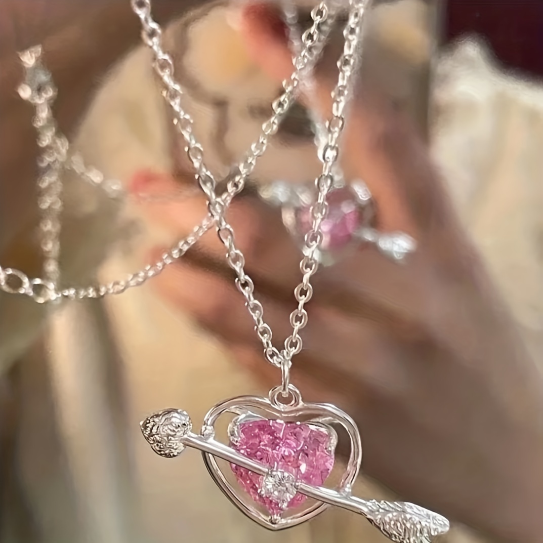 1pc Creative Design Acrylic Flower & Pink Heart Pendant Necklace