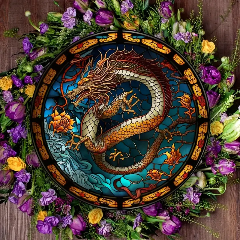 1pc, Chinese Dragon Wreath Sign - Stained Glass Dragon Metal Tin Sign, Gold  Dragon Decoration Dyeing Wall Hanging, Suitable For Home Room Cafe Bedroom