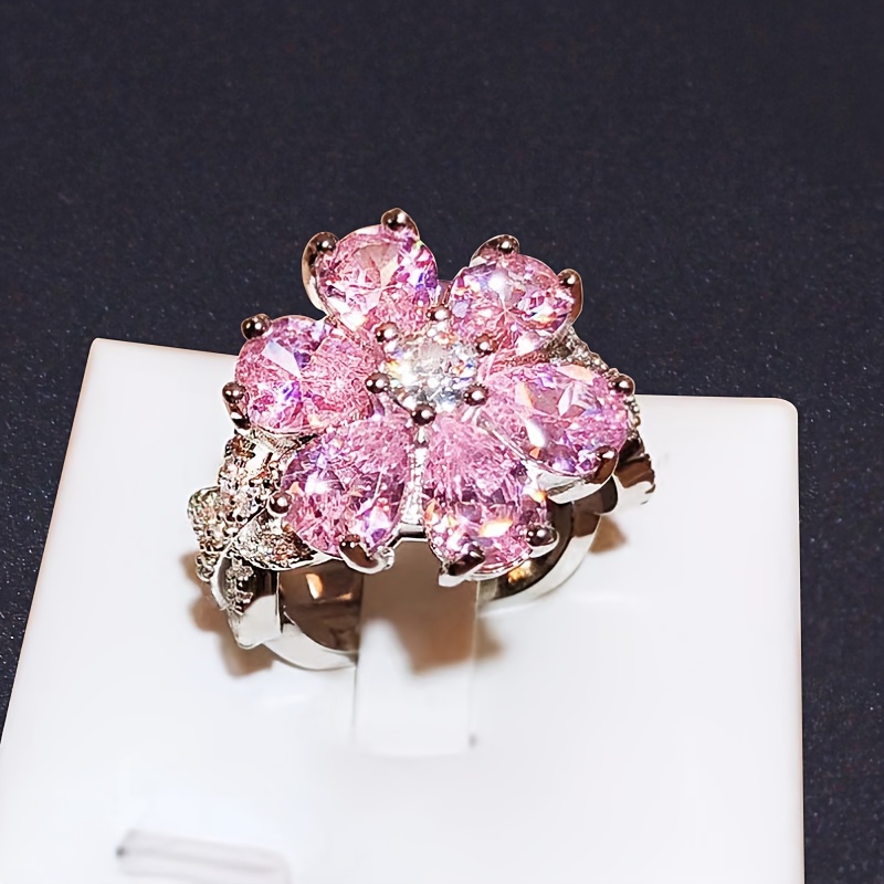 

1pc Shiny Artificial Zircon Flower Ring For Girls, Promise Ring