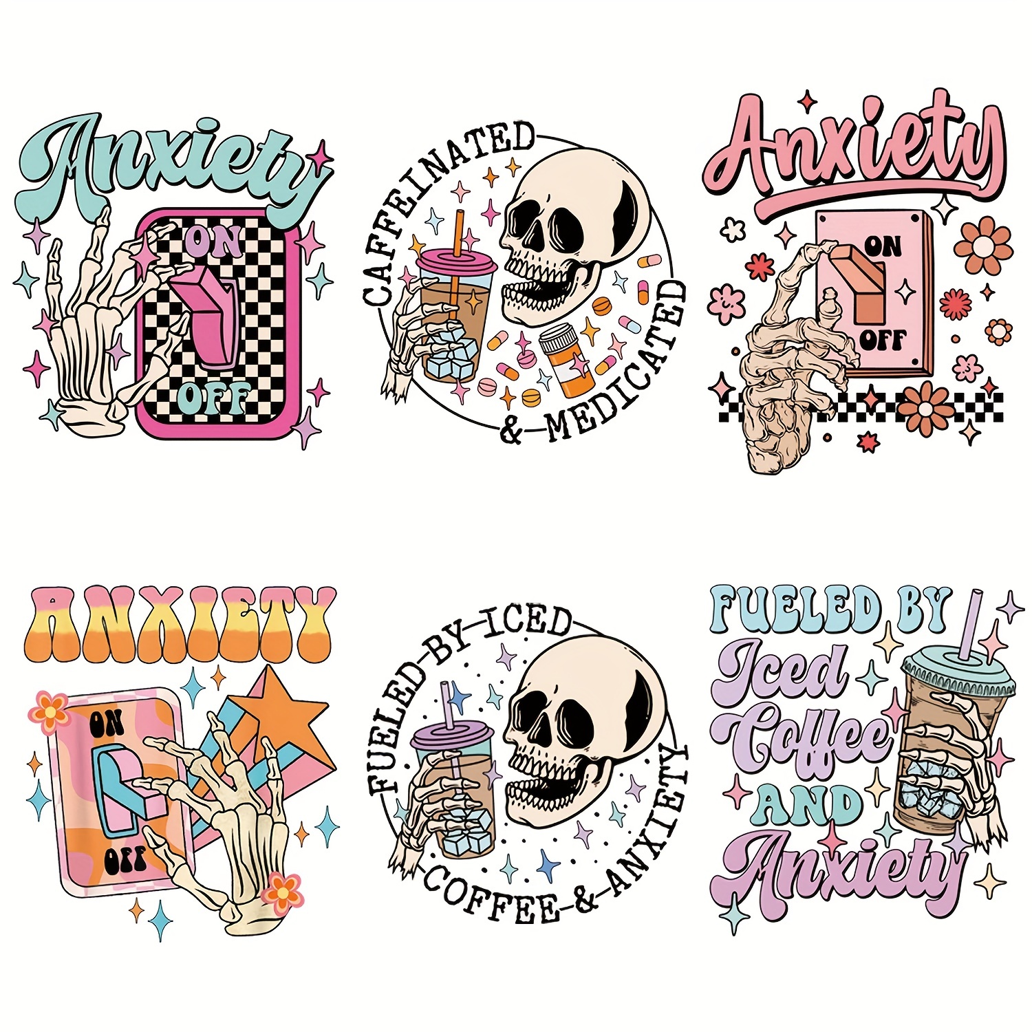 

6pcs Super Cool Anxiety On Light Switch Pattern Iron On Transfer Stickers On T-shirts Jackets Jeans Hoodies Iced Coffee Anxiety Skulls Plastisol Heat Transfers Sticker For Clothing