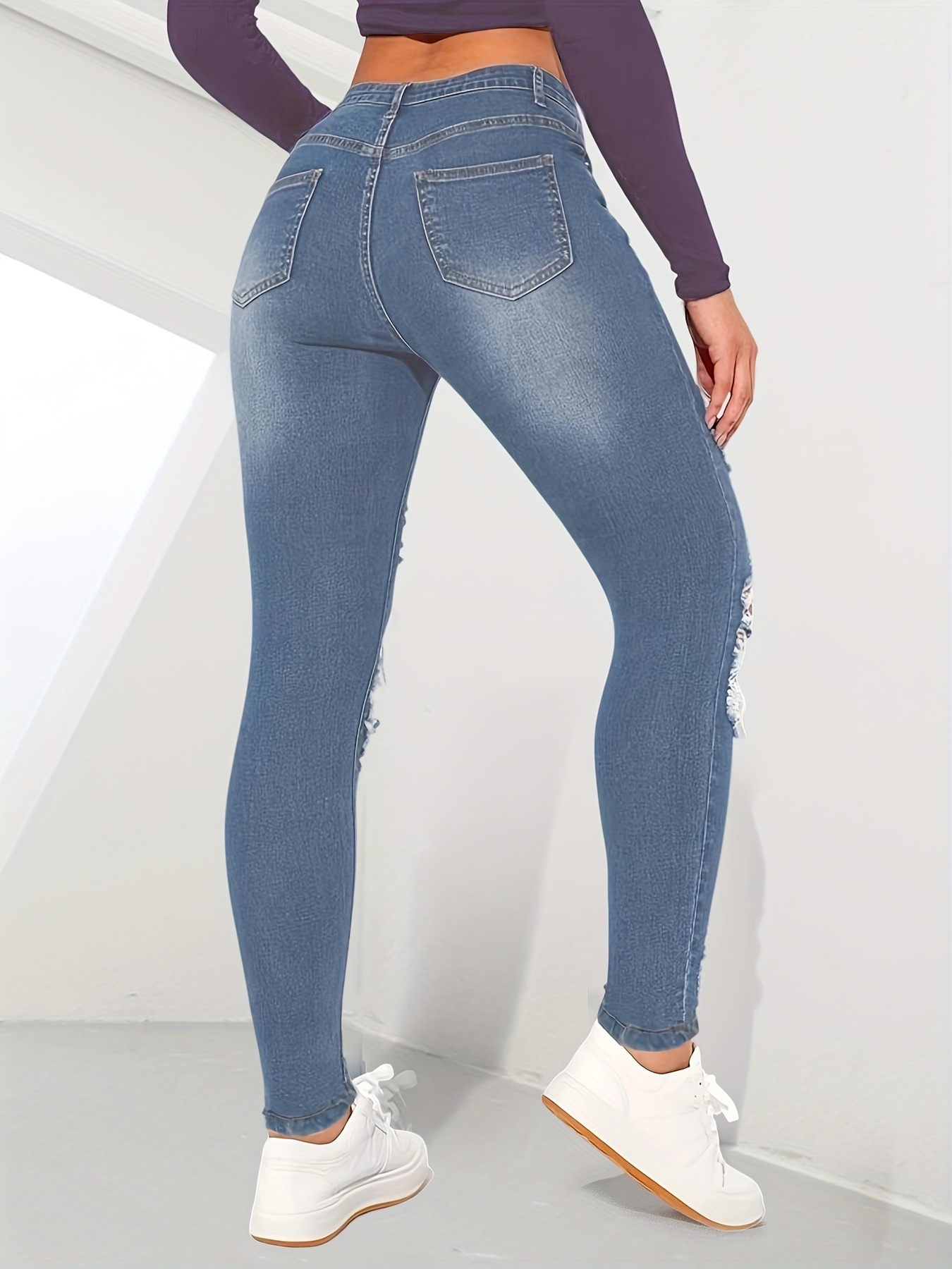 Jeans ajustados rasgados ajustados, pantalones de mezclilla desgastados  elásticos con bolsillos oblicuos, jeans y ropa de mezclilla para mujer
