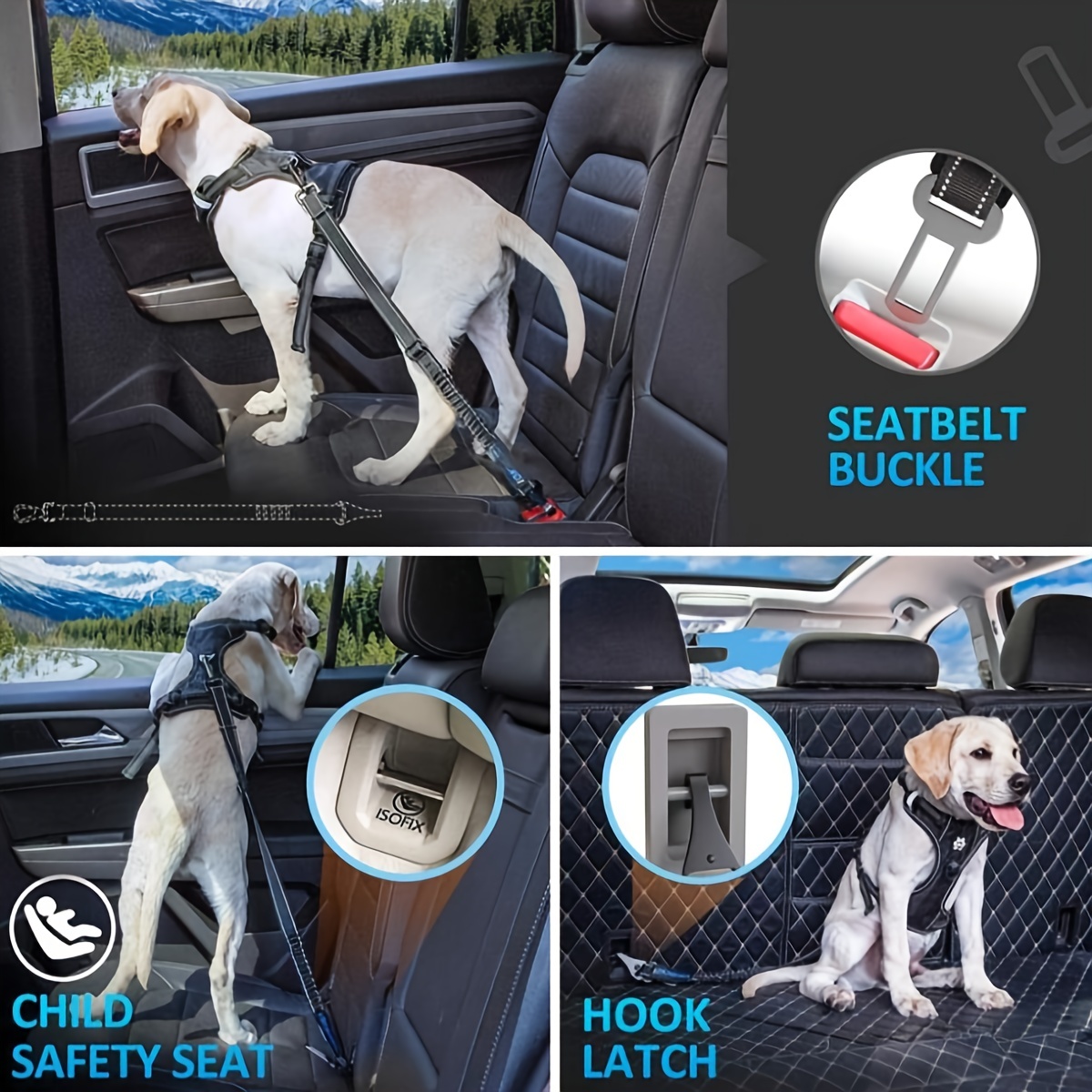 Buy Pet Safety Seat Belt Car Reflective Elastic Rope All Black Adjustable