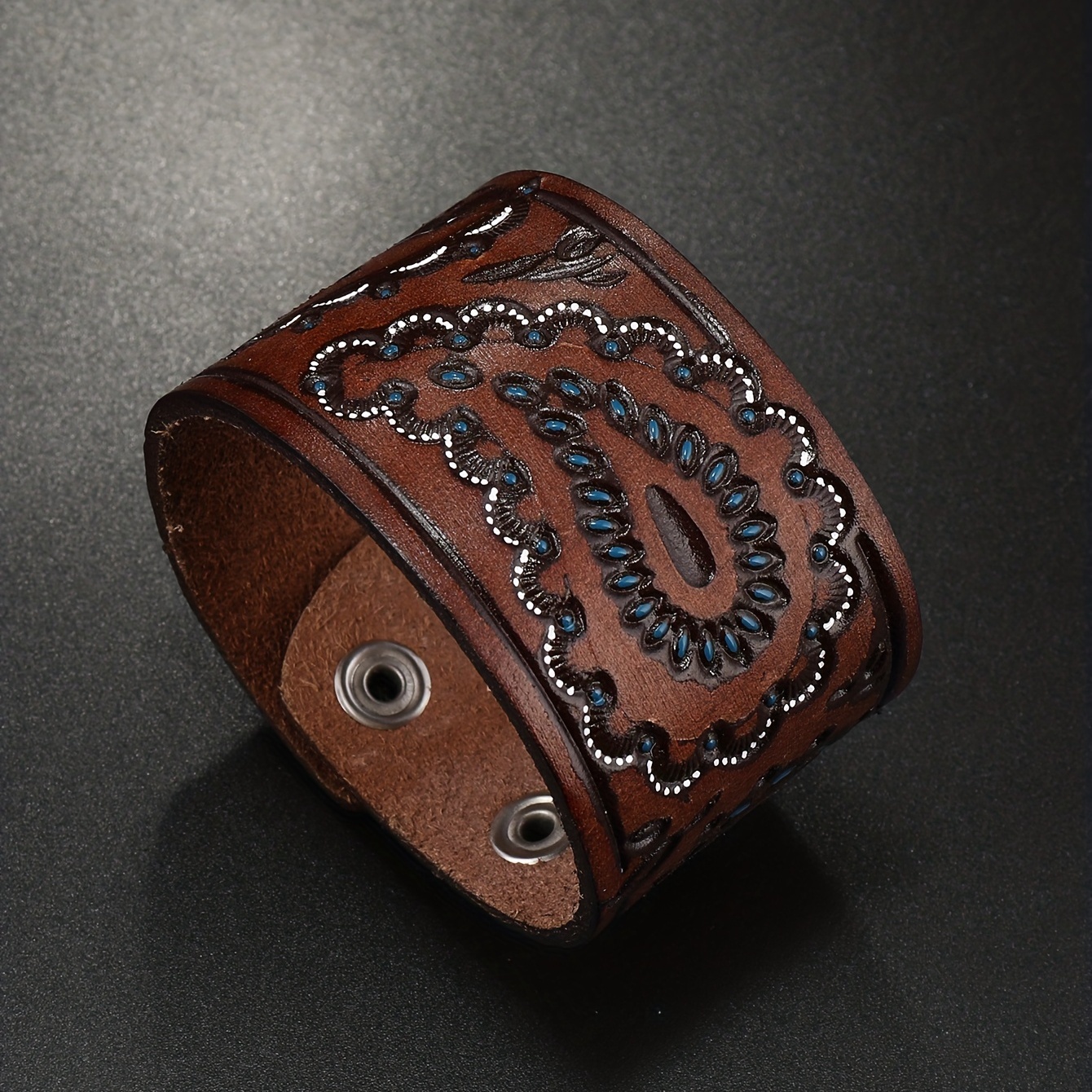 Blue Ostrich Leather Cuff Bracelet - Genuine Cowhide Embossed Print