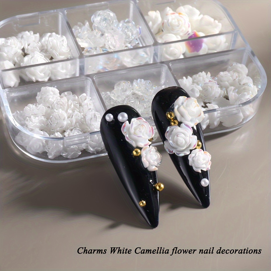 3d Camellia Nail Charms 3d White Flower Nail Art Accessories - Temu