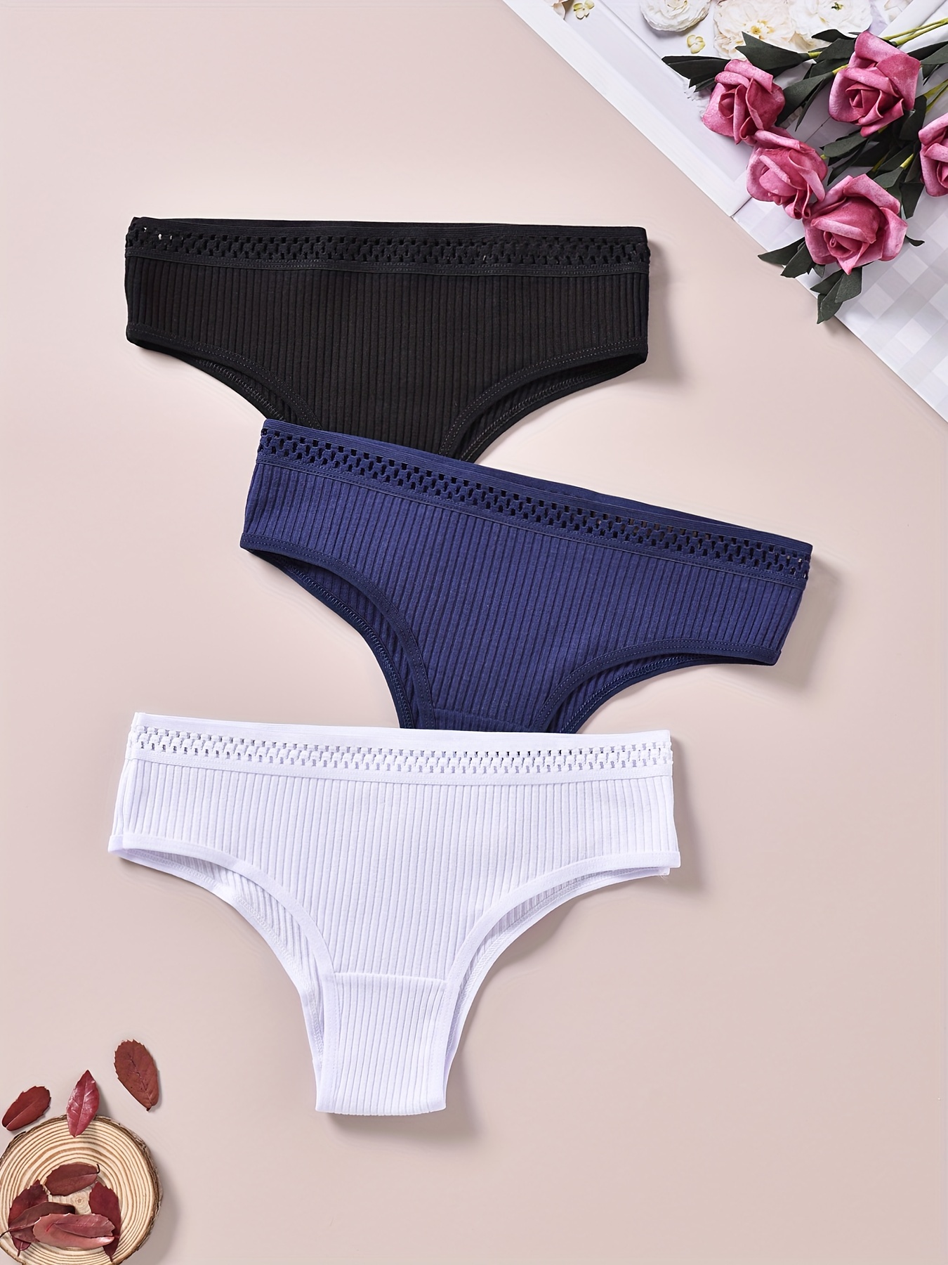 4pcs Solid Ribbed Briefs, Comfy & Breathable Stretchy Intimates Panties,  Women's Lingerie & Underwear