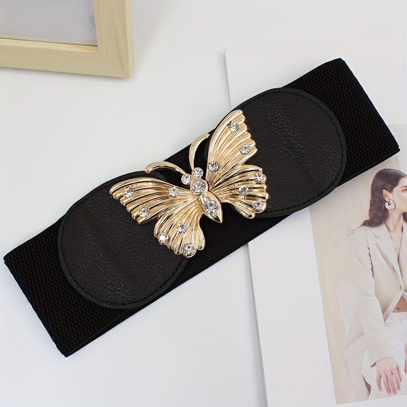 Rhinestone Metal Butterfly Waist Belt Vintage Elastic Wide - Temu