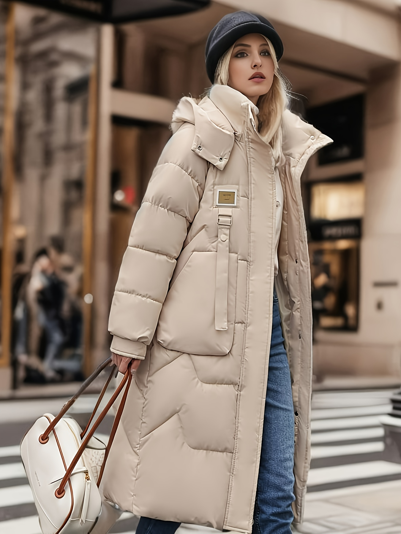 Long Style Puffy Down Jacket For Women Hooded Wool Trench Coat
