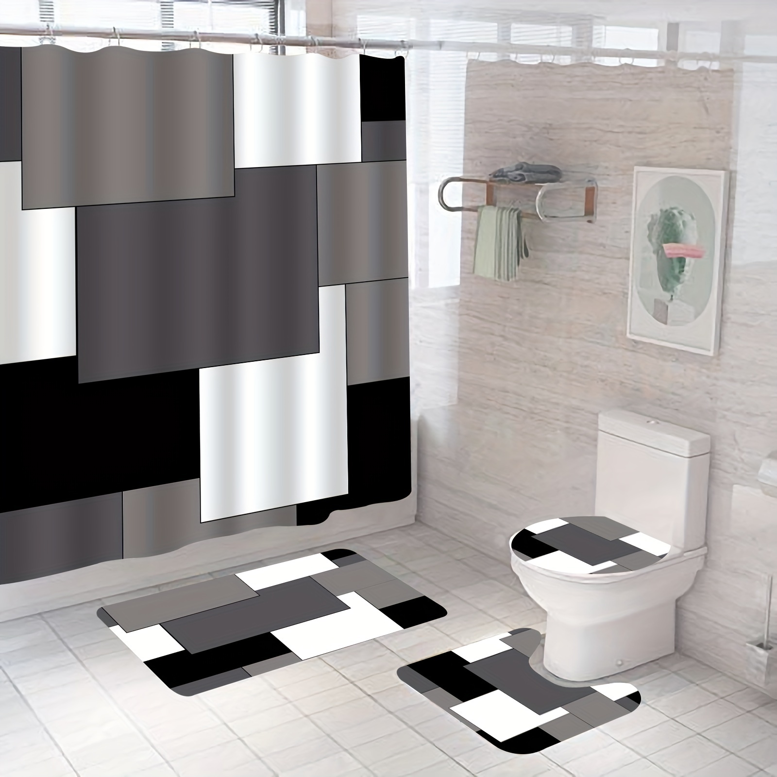 Abstract Geometry Shower Curtain Set Black White Brown - Temu