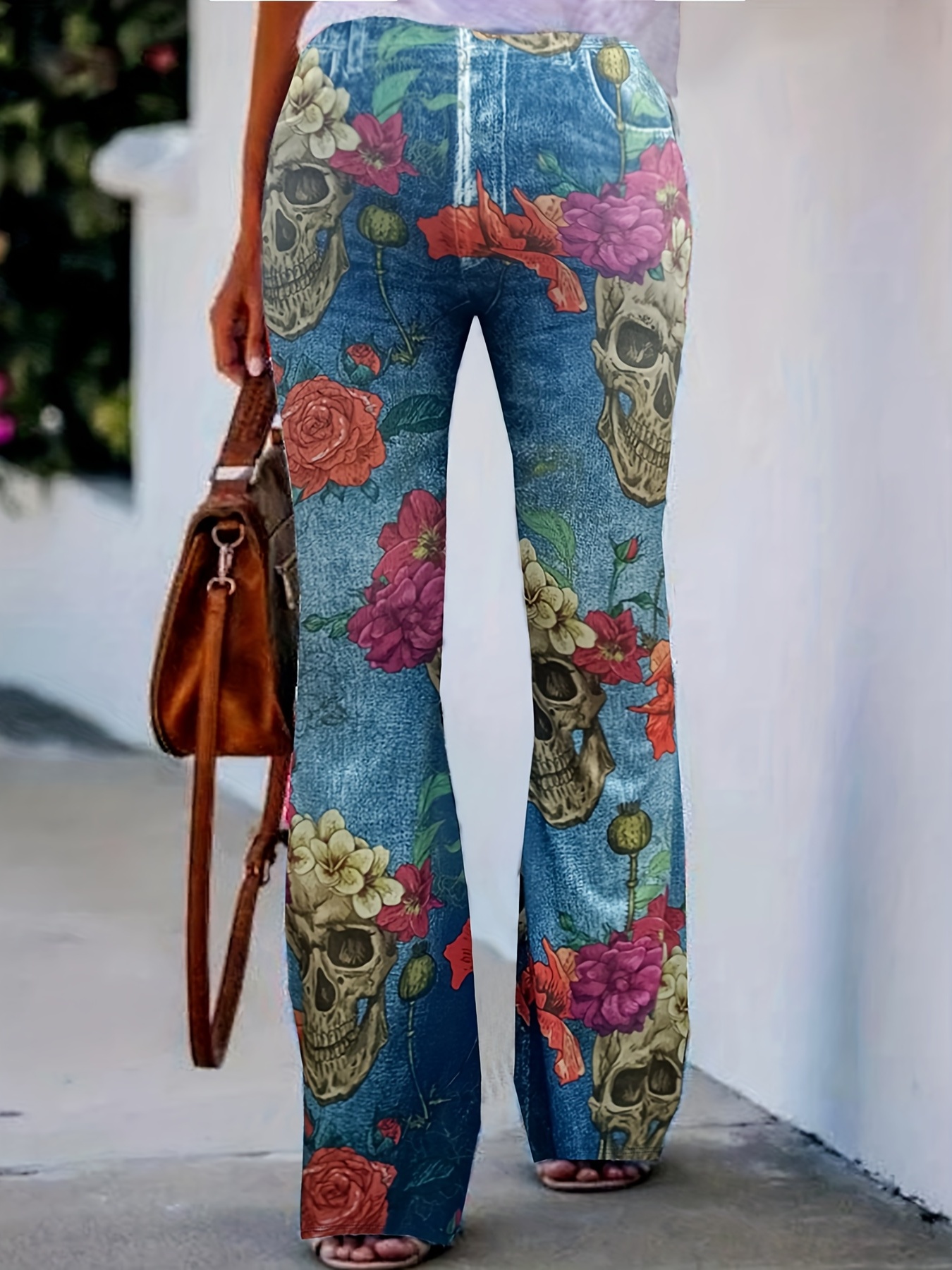 Plus Size Halloween Casual Pants Women's Plus Skull Print - Temu