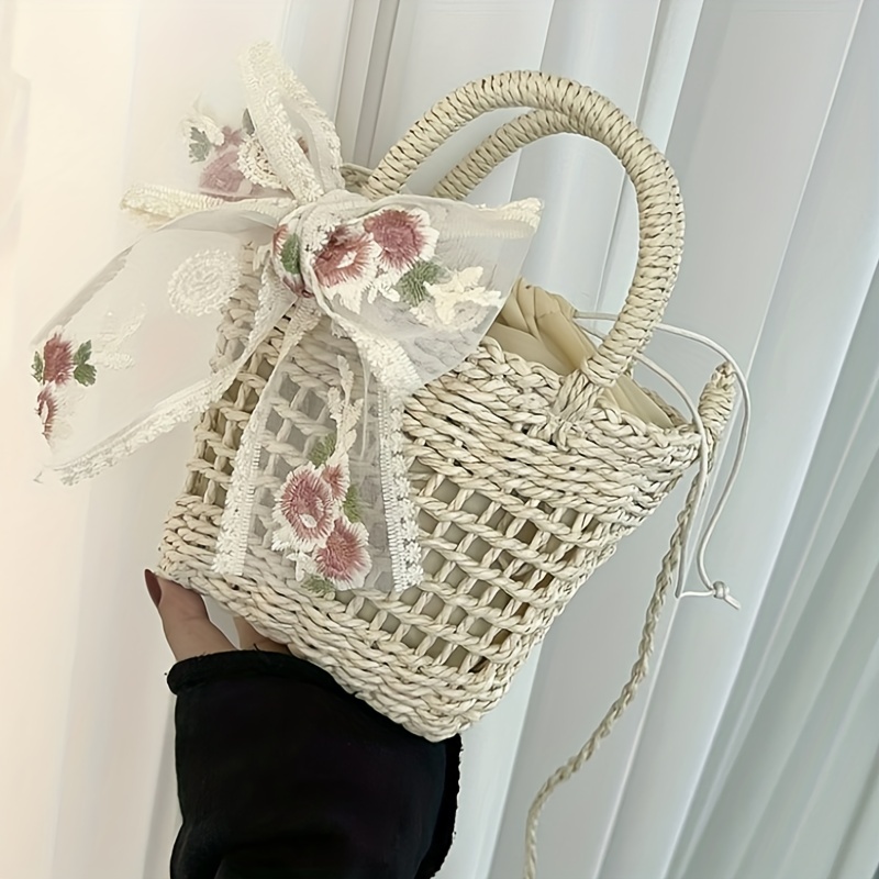 Apricot Small Straw Bucket Crossbody Bag for Casual Seaside