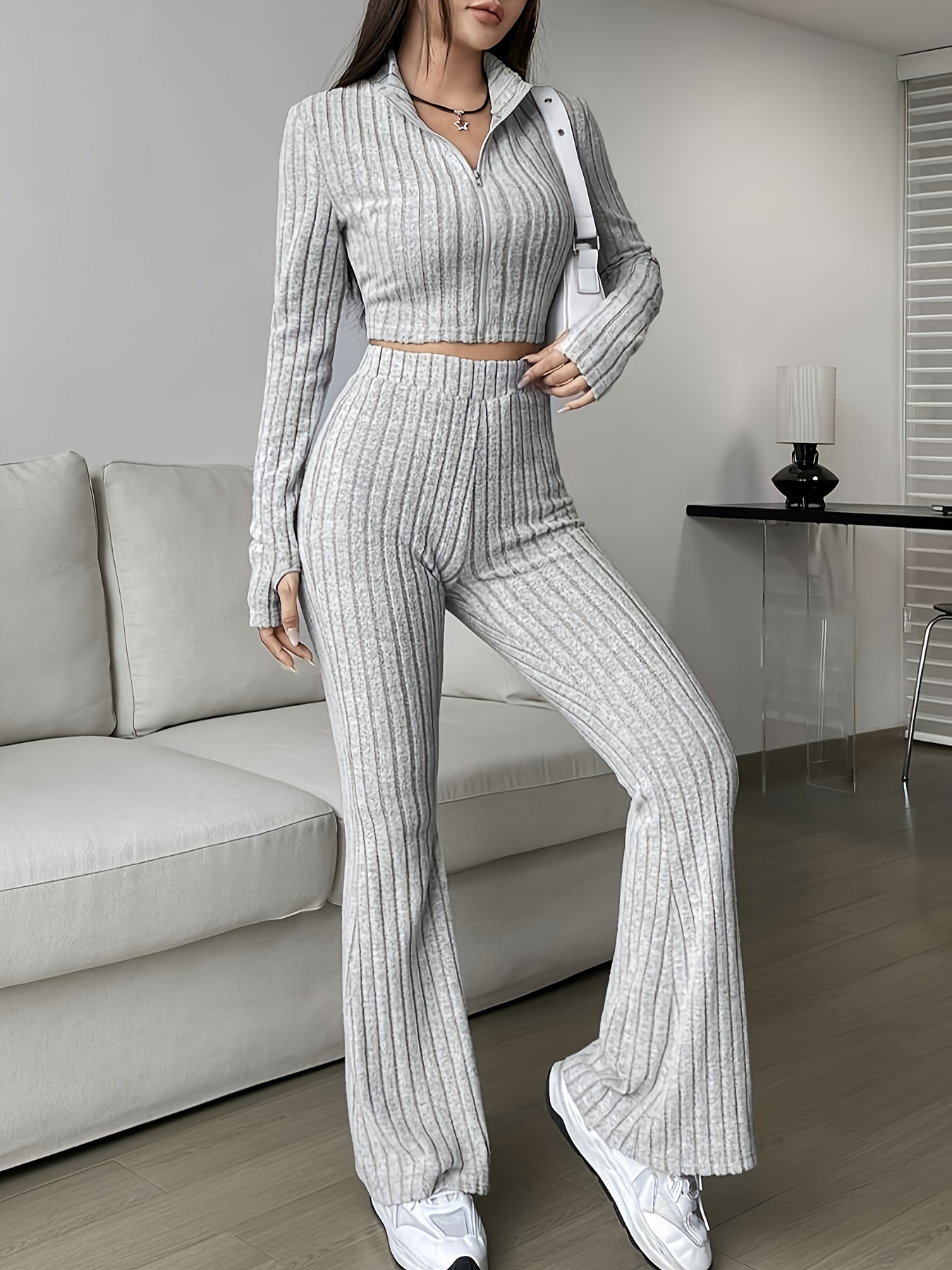 Womens 3 Piece Loungewear Set Crop Vest &Loose Pants & Cardigan Coat