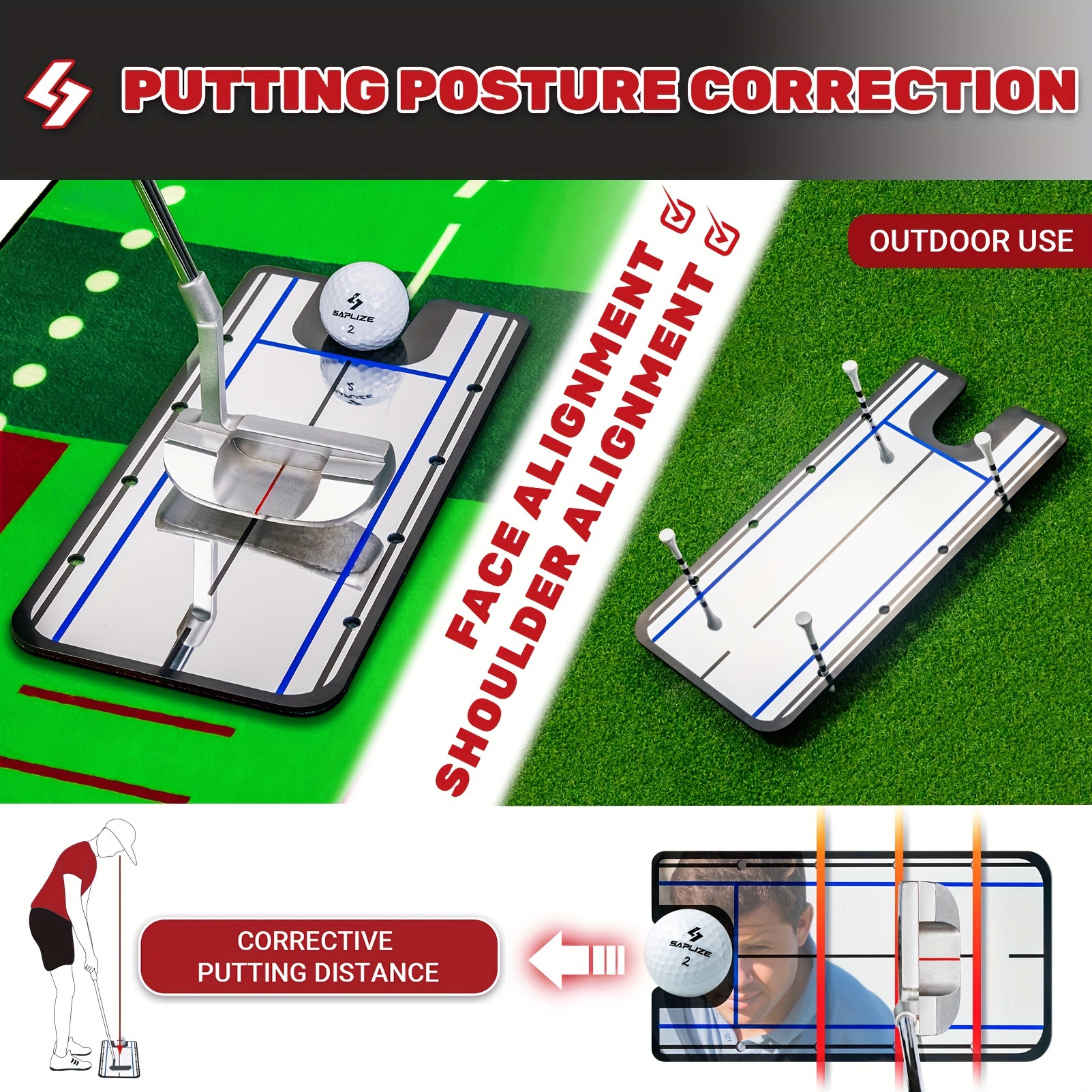 saplize golf putting mat with visible trajectory multiple training modes putting mat with alignment mirror and adjustable slopes details 3