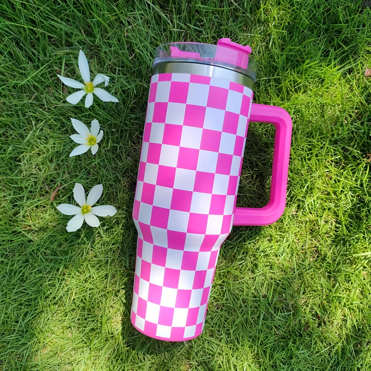 Pink and White Checkered Water Bottle Stainless Steel Water Bottle