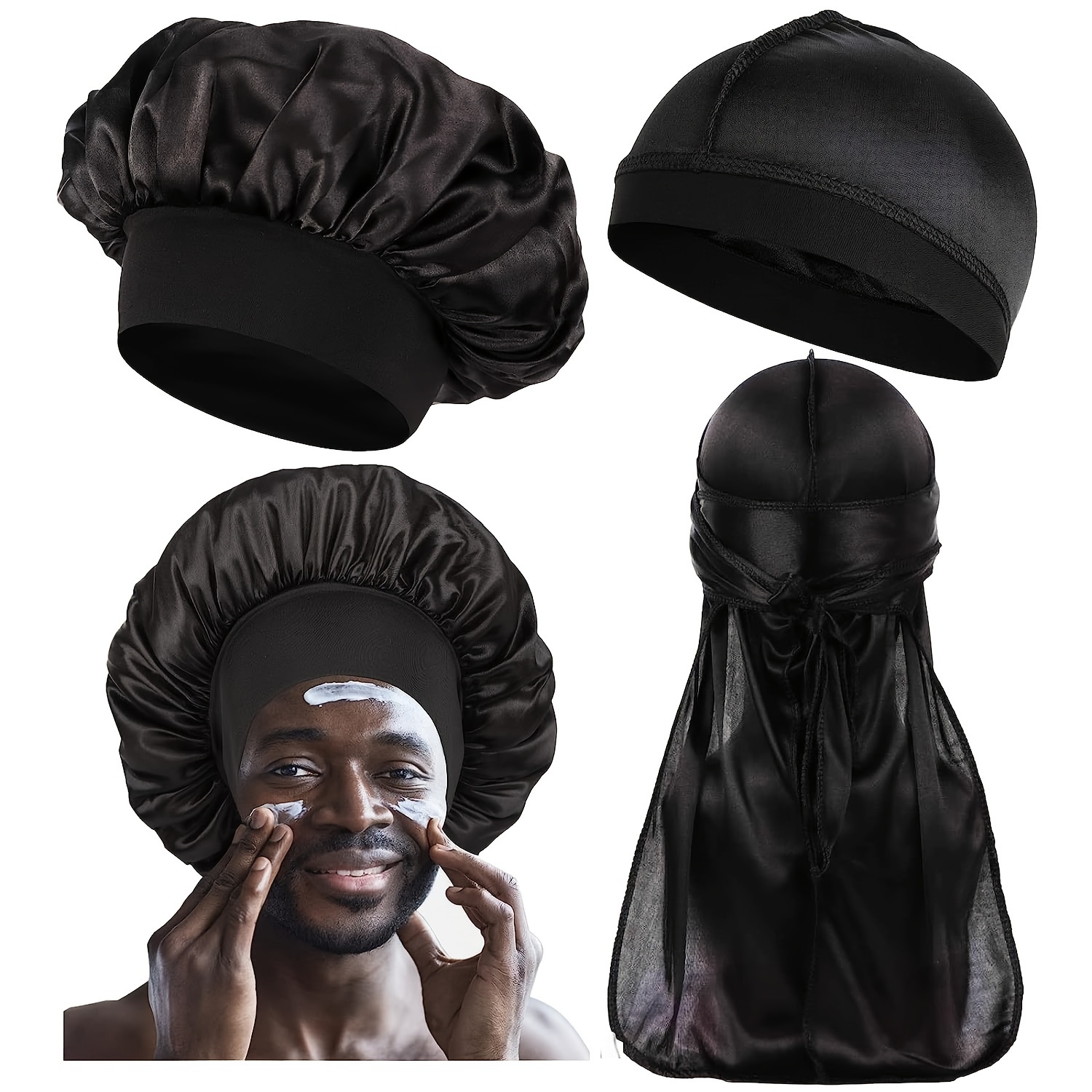 SATINIOR 4 Pcs Silk Bonnet Sleep Cap Women Silk Hair Wrap for Sleeping and  Comfortable Sleep Eye Covering, 4 Piece Set(Black, Pink)
